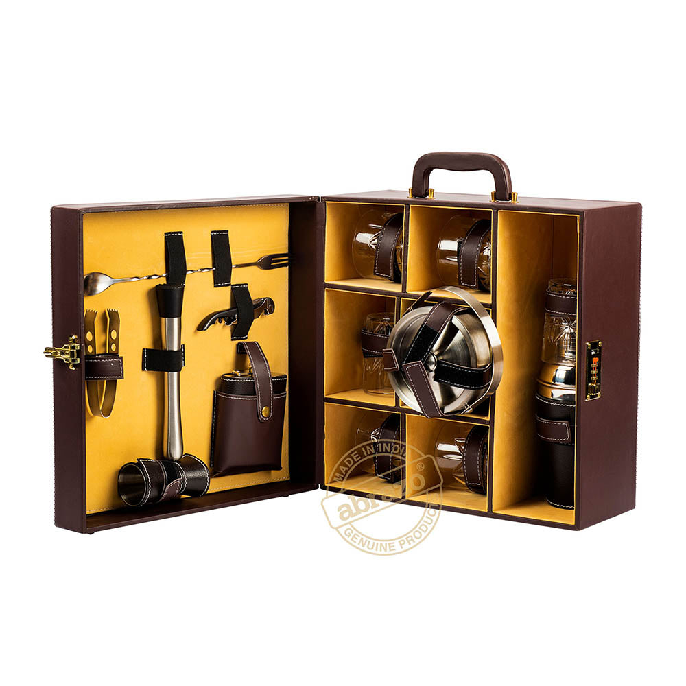 Image of Portable Bar Tools Set - Black Leatherette - 14 Piece Set - Abrazo