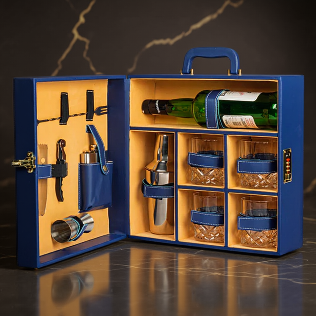 Portable Bar Tools Set - Crystal Blue Leatherette - 10 Piece Set with Bottle Storage