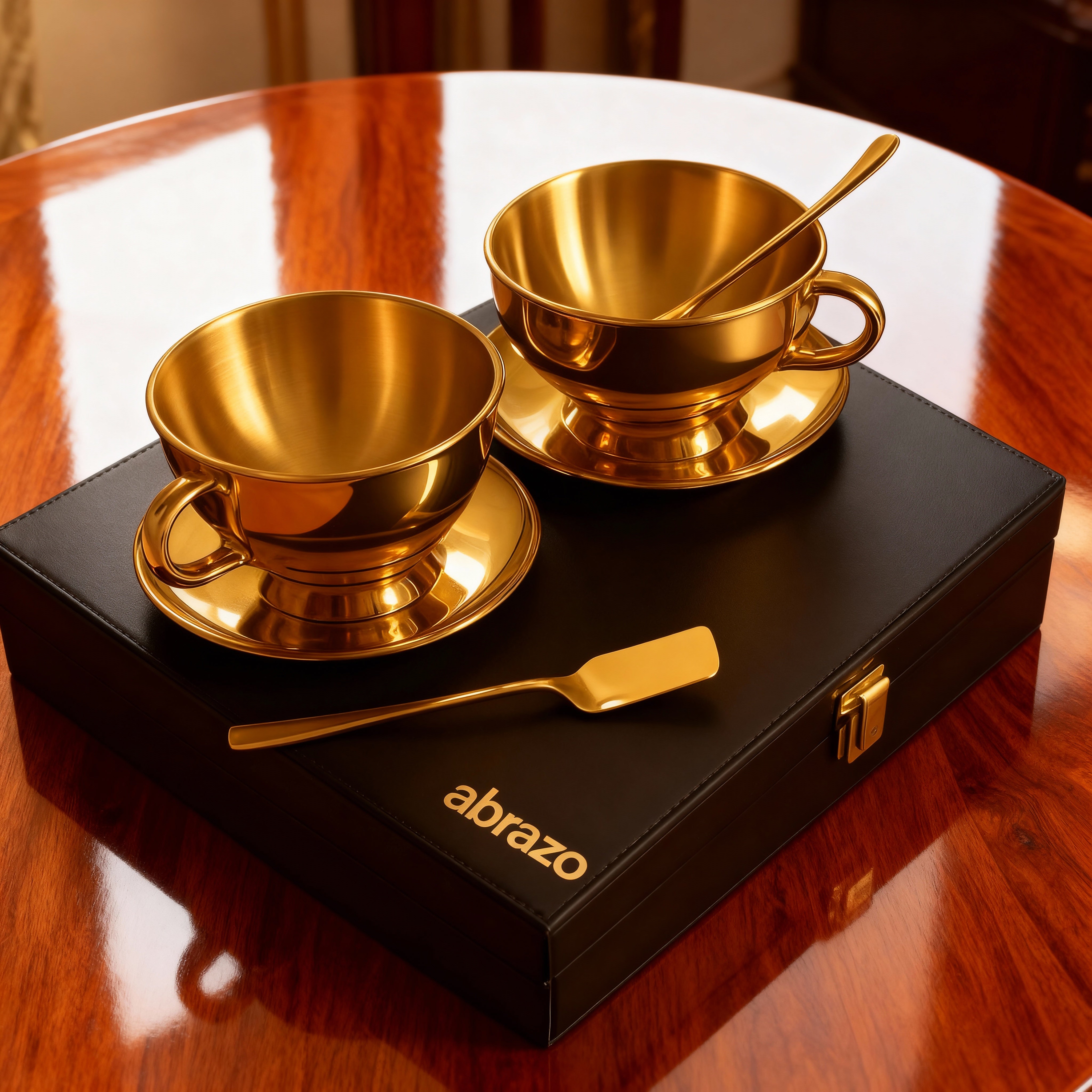 Image of Premium Gold PVD Double Wall Stainless Steel Mug Set (2) with Spoon & Saucer | Coffee & Soup