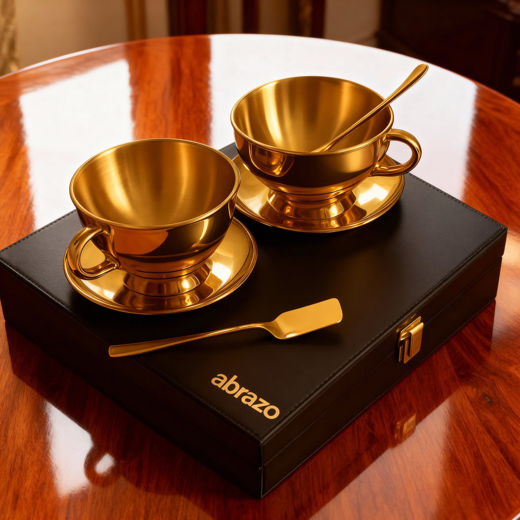 Premium Gold PVD Double Wall Stainless Steel Mug Set (2) with Spoon & Saucer | Coffee & Soup