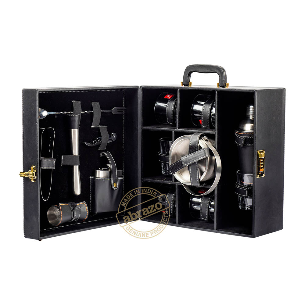 Image of Portable Bar Tools Set - Black and Beige Leatherette - 14 Piece Set - Abrazo