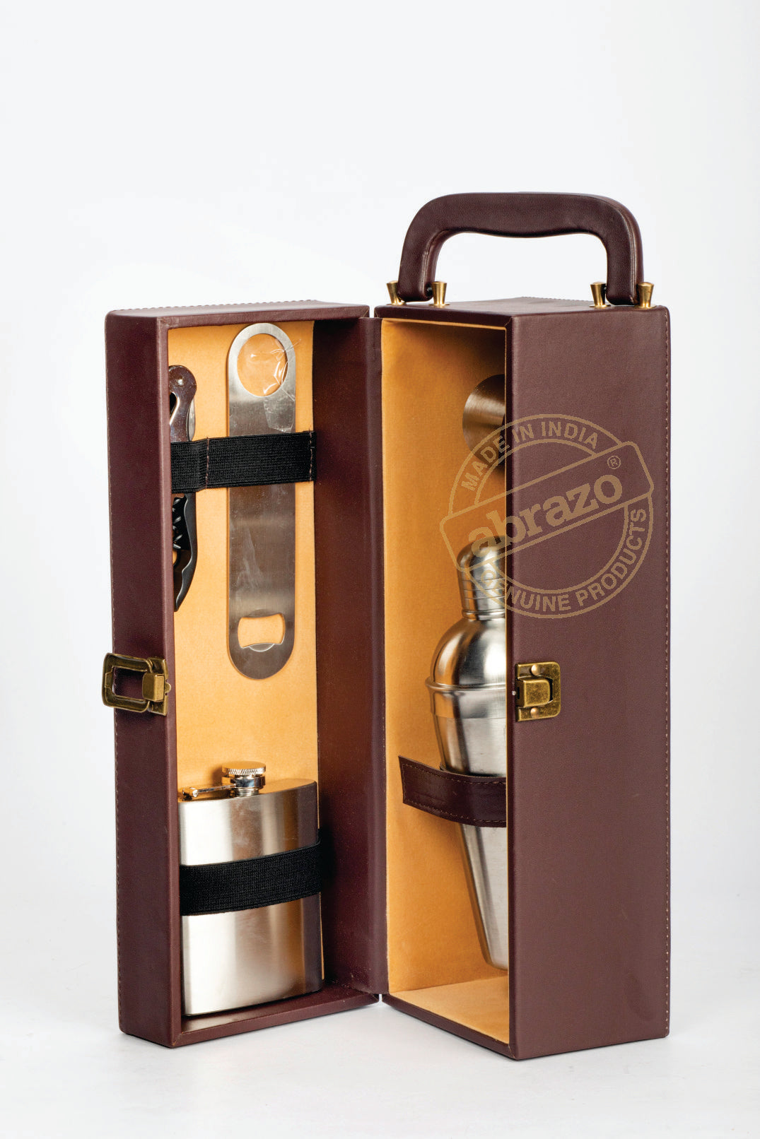 Image of Portable Bar Tool Set - Brown Leatherette - 5 Piece Set - Abrazo