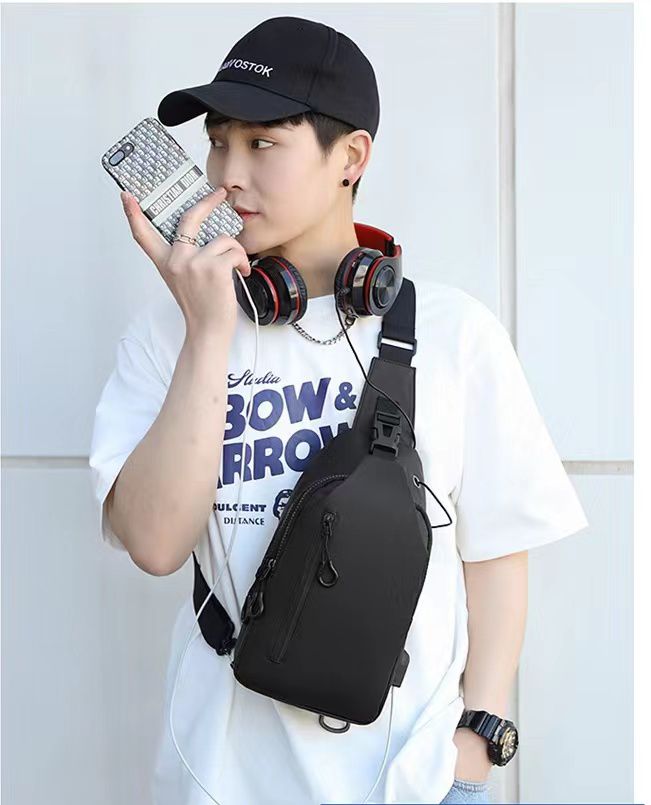 Image of abrazo unisex casual messenger bag new popular designer shoulder PU waterproof sling chest bag with USB for Travel Outdoor Casual, Black - Abrazo