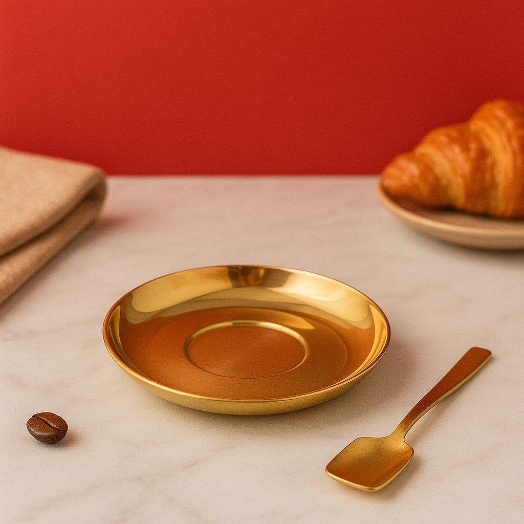 Image of Premium Gold PVD Double Wall Mug Set | Coffee & Soup Use | Stainless Steel with Spoon & Saucer | Customise your Gift | Cup &saucer with spoon - Abrazo