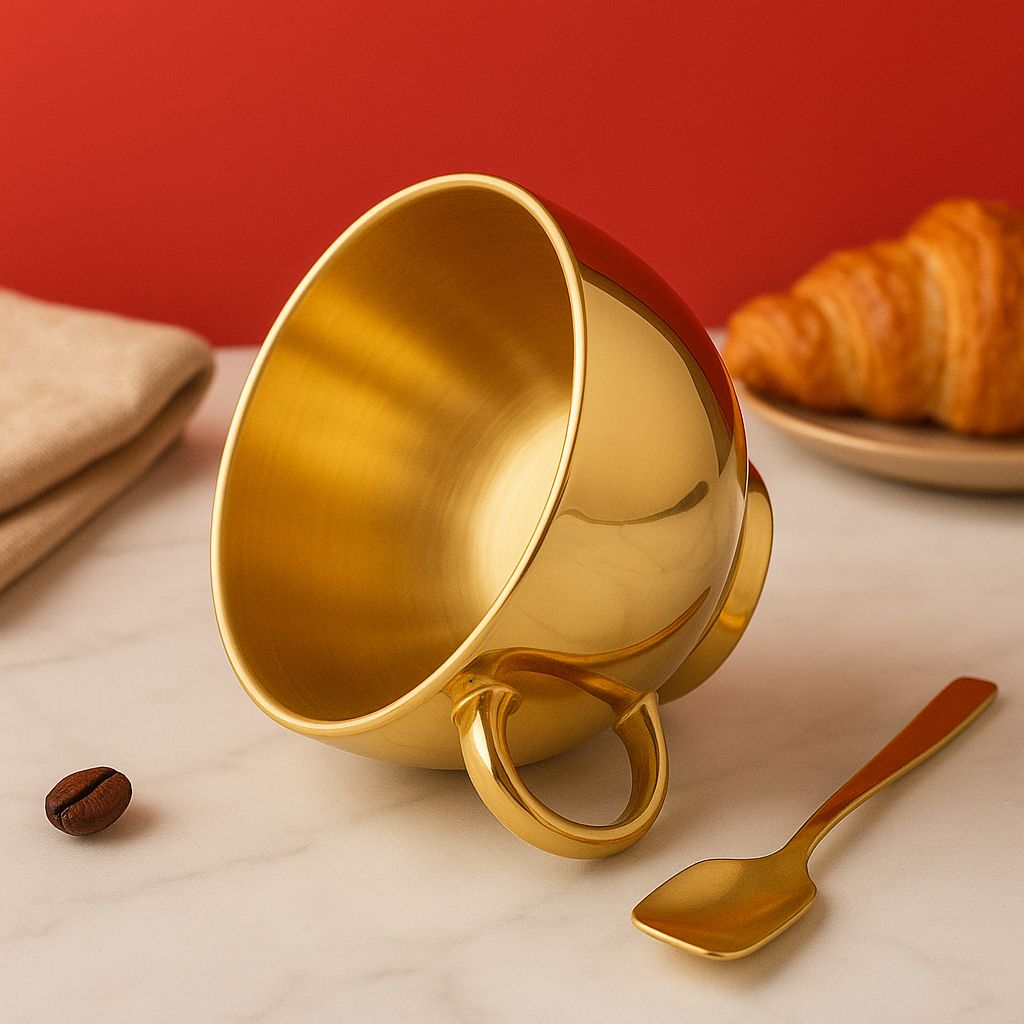 Image of Premium Gold PVD Double Wall Mug Set | Coffee & Soup Use | Stainless Steel with Spoon & Saucer | Customise your Gift | Cup &saucer with spoon - Abrazo