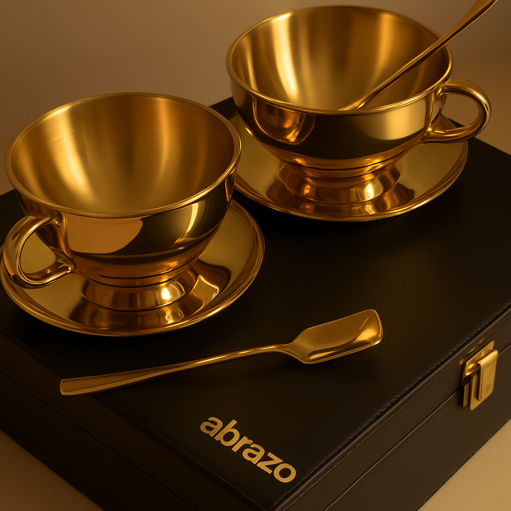 Image of Premium Gold PVD Double Wall Coated Mug Set of 2 | Coffee & Soup Use | Stainless Steel with Spoon & Saucer | Customise your Gift | Cup &saucer with spoon - Abrazo