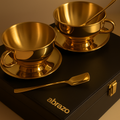 Premium Gold PVD Double Wall Coated Mug Set of 2 | Coffee & Soup Use | Stainless Steel with Spoon & Saucer | Customise your Gift | Cup &saucer with spoon - Abrazo