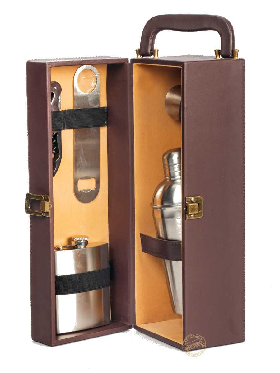 Portable Bar Tool Set - Brown Leatherette - 5 Piece Set - Abrazo